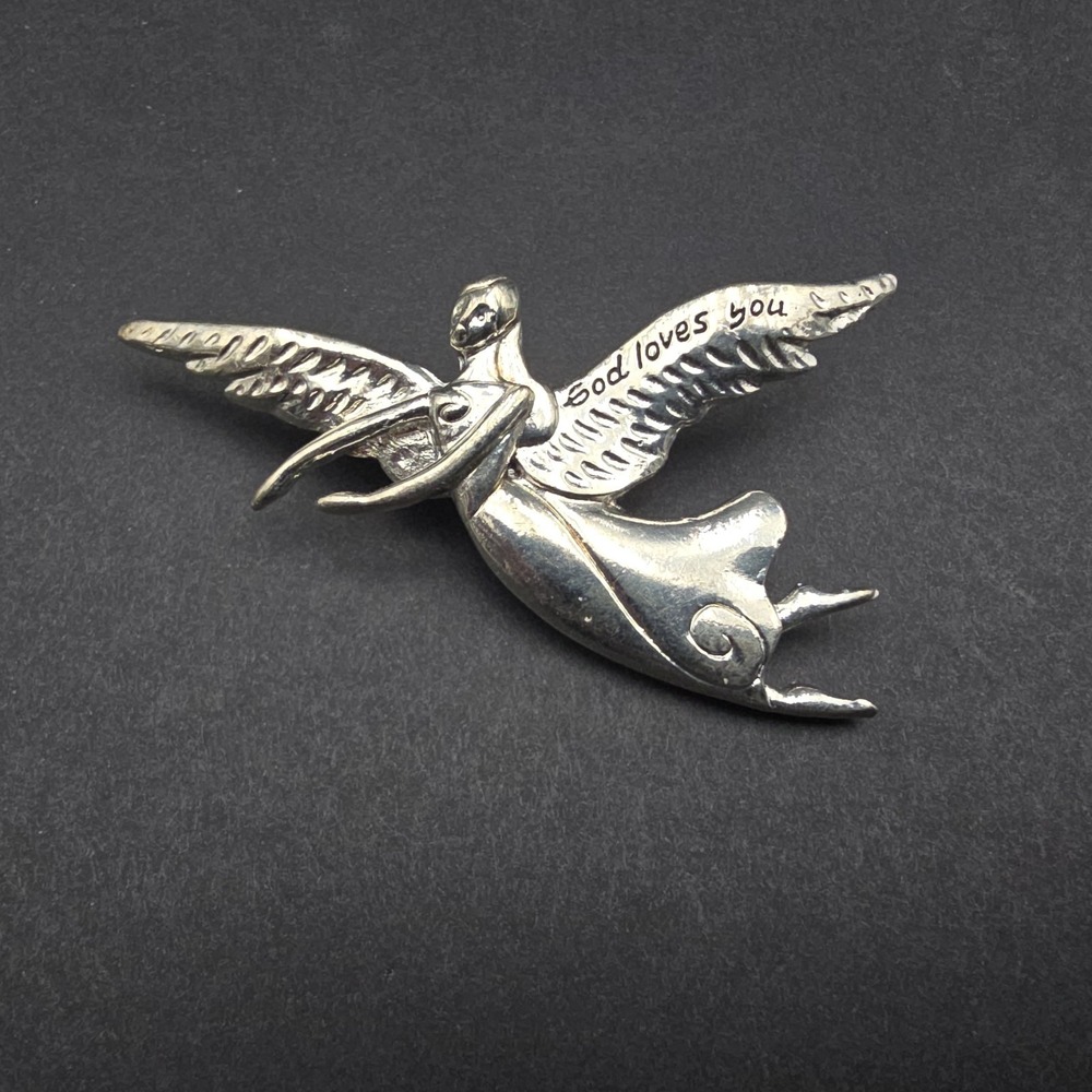 Vintage GOD LOVES YOU Angel Pin Brooch Silver tone 3"